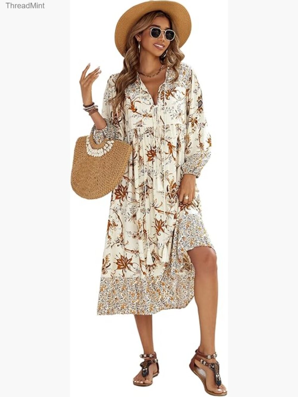 Long Sleeve Floral Print V Neck Tassel Bohemian Midi Dress Casual